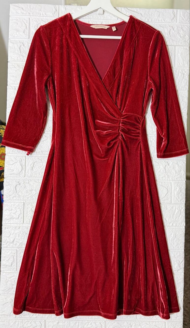 Soft Surroundings Womens XS Red Velvet Faux Dress Ruched 3/4 Sleeve